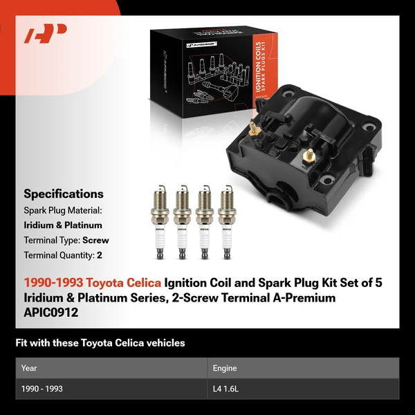 1990-1993 Toyota Celica Ignition Coil and Spark Plug Kit Set of 5 Iridium & Platinum Series, 2-Screw Terminal A-Premium APIC0912