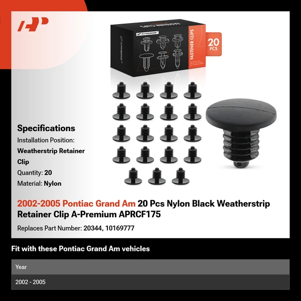 2002-2005 Pontiac Grand Am 20 Pcs Nylon Black Weatherstrip Retainer Clip A-Premium APRCF175
