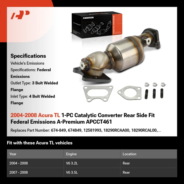 2004-2008 Acura TL 1-PC Catalytic Converter Rear Side Fit Federal Emissions A-Premium APCCT461