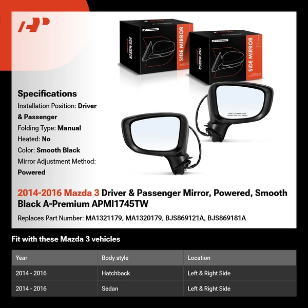 2014-2016 Mazda 3 Driver & Passenger Mirror, Powered, Smooth Black A-Premium APMI1745TW