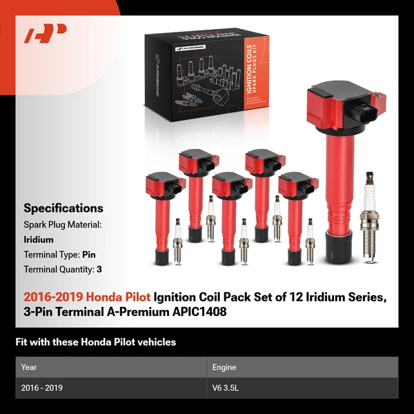 2016-2019 Honda Pilot Ignition Coil Pack Set of 12 Iridium Series, 3-Pin Terminal A-Premium APIC1408
