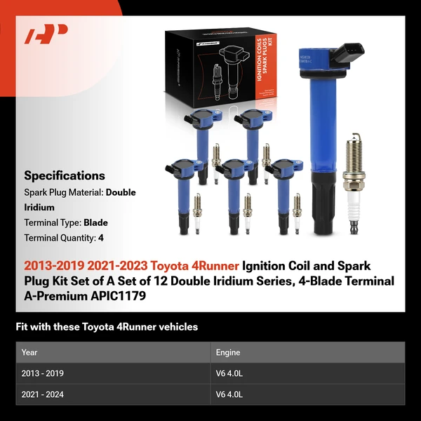 2013-2019 2021-2023 Toyota 4Runner Ignition Coil and Spark Plug Kit Set of A Set of 12 Double Iridium Series, 4-Blade Terminal A-Premium APIC1179