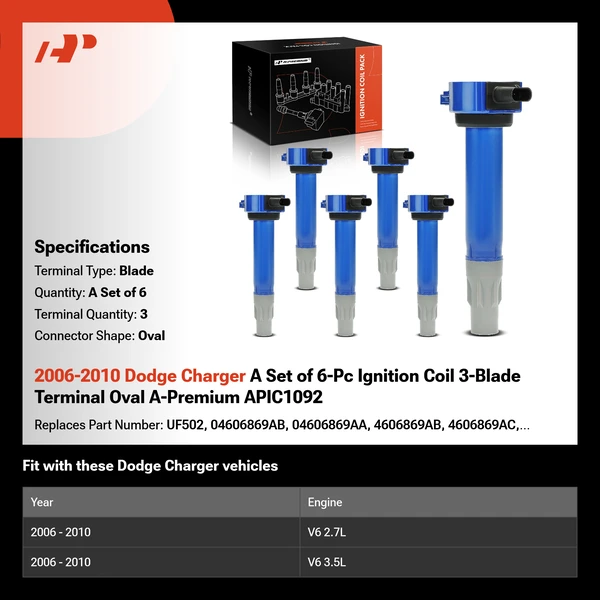 2006-2010 Dodge Charger A Set of 6-Pc Ignition Coil 3-Blade Terminal Oval A-Premium APIC1092