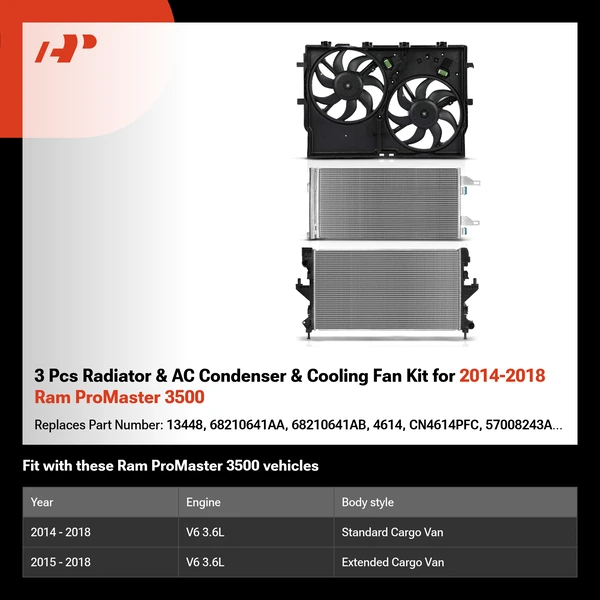 3 Pcs Radiator & AC Condenser & Cooling Fan Kit for 2014-2018 Ram ProMaster 3500