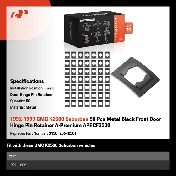 1992-1999 GMC K2500 Suburban 50 Pcs Metal Black Front Door Hinge Pin Retainer A-Premium APRCF2530