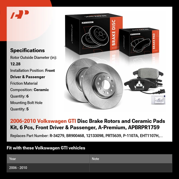 2006-2010 Volkswagen GTI Disc Brake Rotors and Ceramic Pads Kit, 6 Pcs, Front Driver & Passenger, A-Premium, APBRPR1759