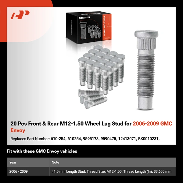 20 Pcs Front & Rear M12-1.50 Wheel Lug Stud for 2006-2009 GMC Envoy