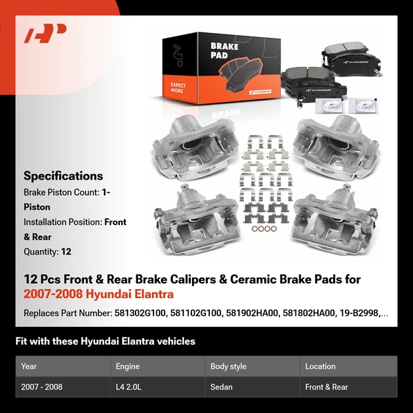 12 Pcs Front & Rear Brake Calipers & Ceramic Brake Pads for 2007-2008 Hyundai Elantra