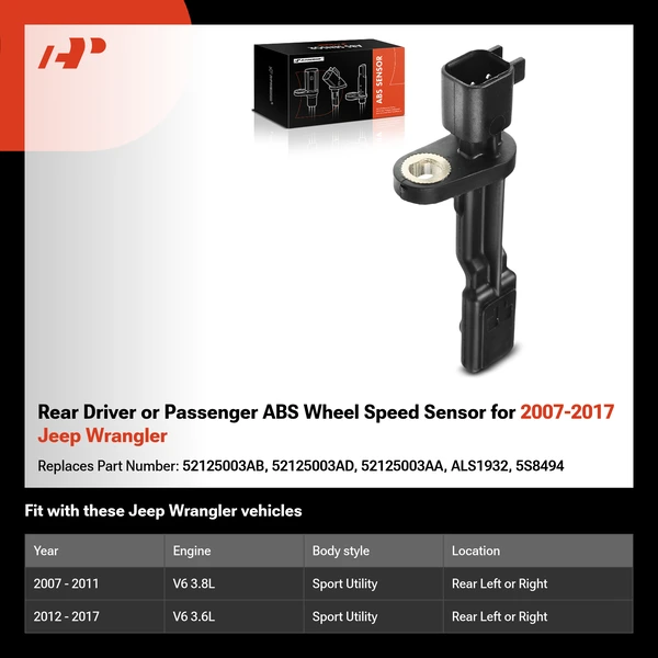 Rear Driver or Passenger ABS Wheel Speed Sensor for 2007-2017 Jeep Wrangler