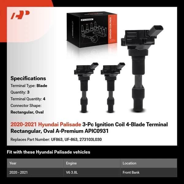 2020-2021 Hyundai Palisade 3-Pc Ignition Coil 4-Blade Terminal Rectangular, Oval A-Premium APIC0931