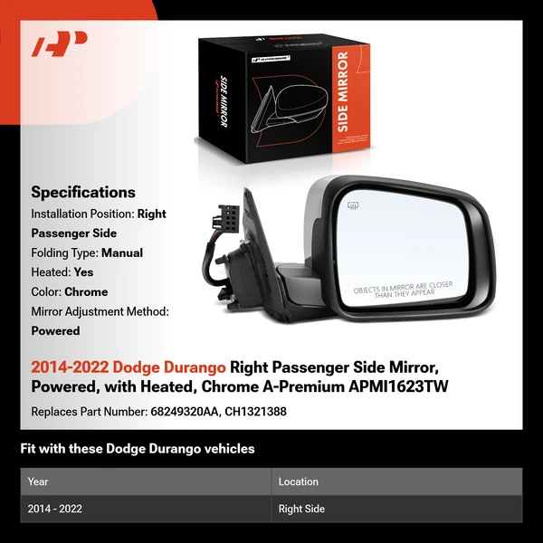 2014-2022 Dodge Durango Right Passenger Side Mirror, Powered, with Heated, Chrome A-Premium APMI1623TW