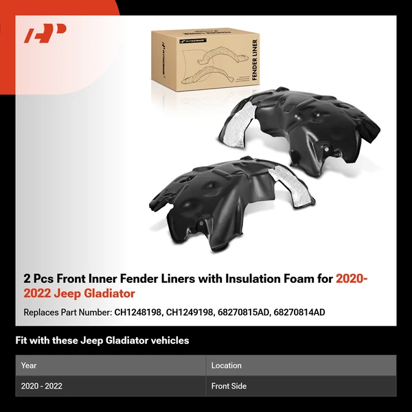 2 Pcs Front Inner Fender Liners with Insulation Foam for 2020-2022 Jeep Gladiator