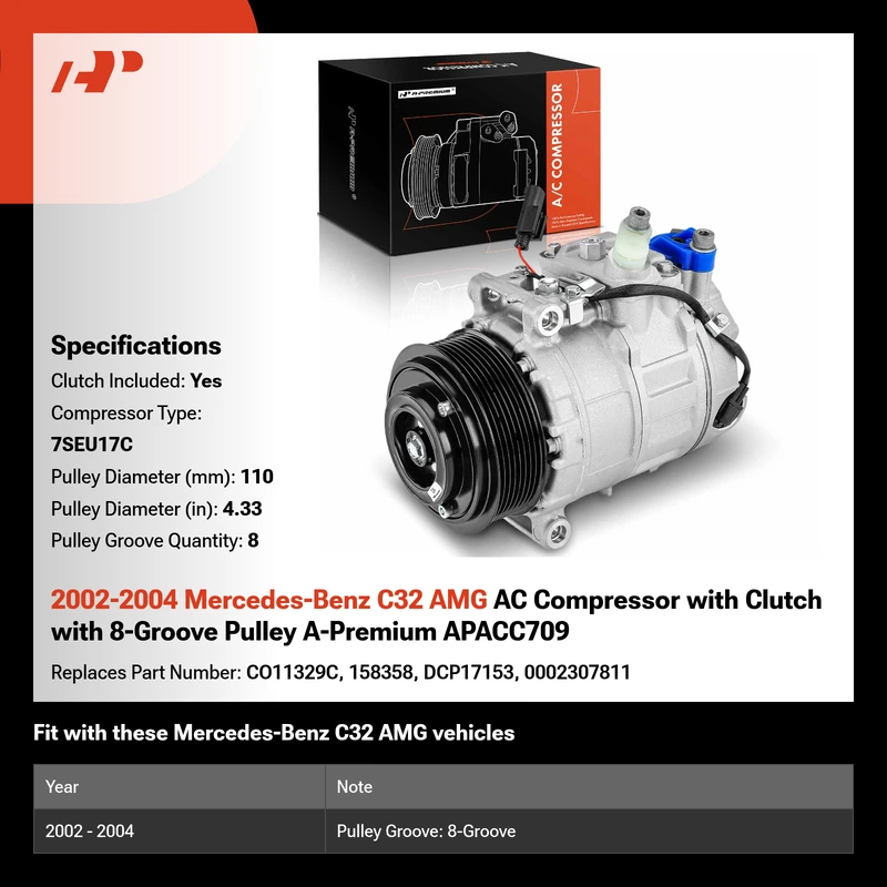 2002-2004 Mercedes-Benz C32 AMG AC Compressor with Clutch with 8-Groove Pulley A-Premium APACC709