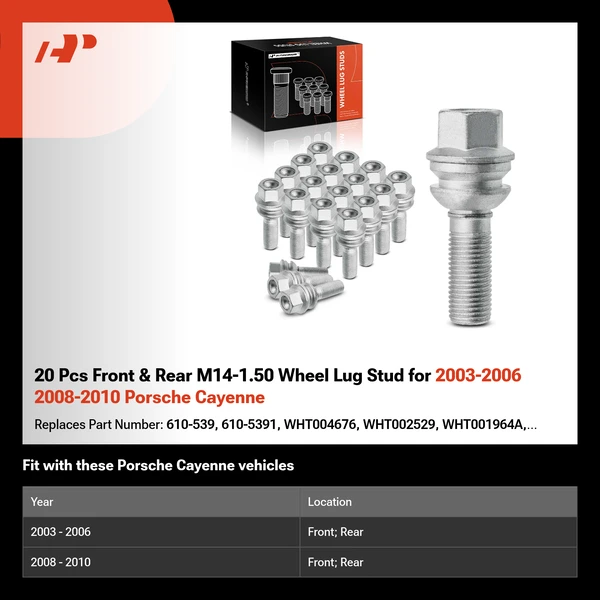 20 Pcs Front & Rear M14-1.50 Wheel Lug Stud for 2003-2006 2008-2010 Porsche Cayenne