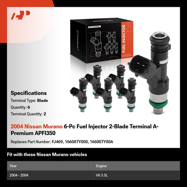 2004 Nissan Murano 6-Pc Fuel Injector 2-Blade Terminal A-Premium APFI350