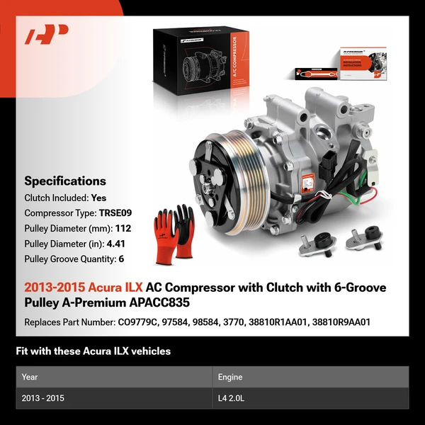2013-2015 Acura ILX AC Compressor with Clutch with 6-Groove Pulley A-Premium APACC835
