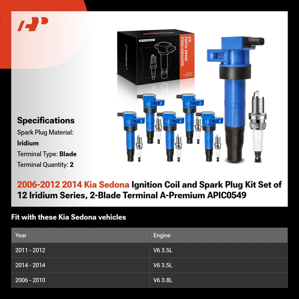 2006-2012 2014 Kia Sedona Ignition Coil and Spark Plug Kit Set of 12 Iridium Series, 2-Blade Terminal A-Premium APIC0549