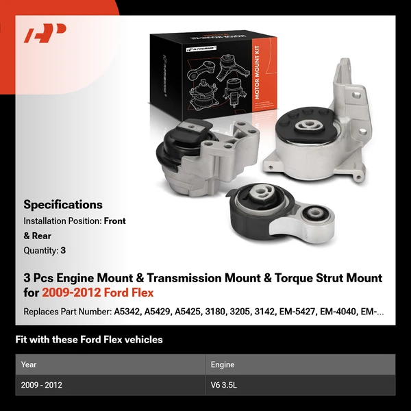 3 Pcs Engine Mount & Transmission Mount & Torque Strut Mount for 2009-2012 Ford Flex
