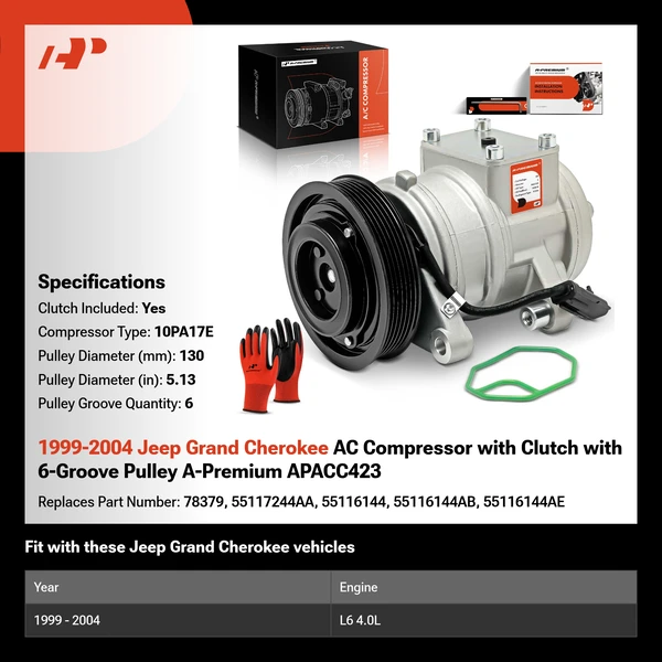 1999-2004 Jeep Grand Cherokee AC Compressor with Clutch with 6-Groove Pulley A-Premium APACC423