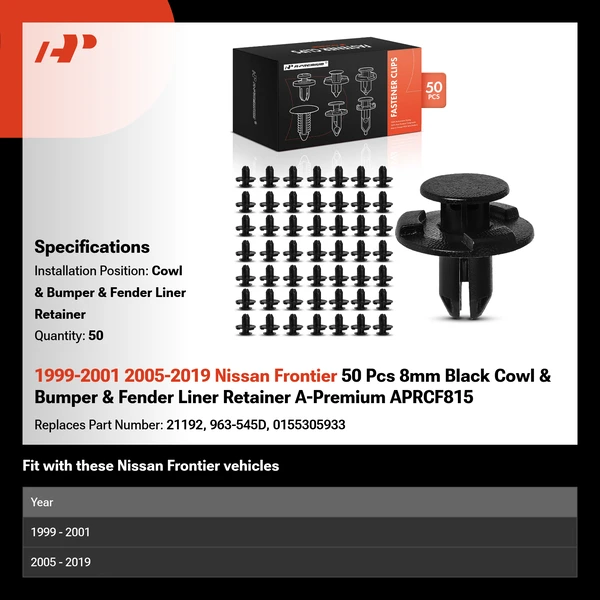 1999-2001 2005-2019 Nissan Frontier 50 Pcs 8mm Black Cowl & Bumper & Fender Liner Retainer A-Premium APRCF815