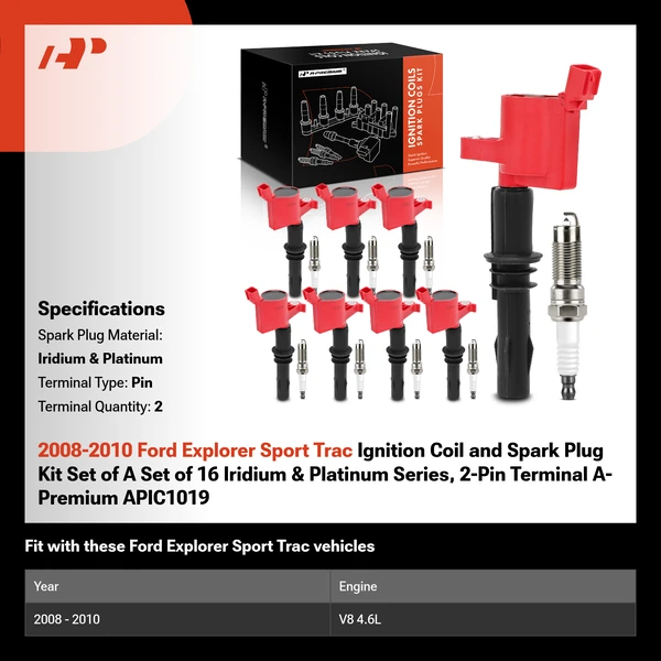 2008-2010 Ford Explorer Sport Trac Ignition Coil and Spark Plug Kit Set of A Set of 16 Iridium & Platinum Series, 2-Pin Terminal A-Premium APIC1019