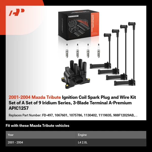 2001-2004 Mazda Tribute Ignition Coil Spark Plug and Wire Kit Set of A Set of 9 Iridium Series, 3-Blade Terminal A-Premium APIC1257