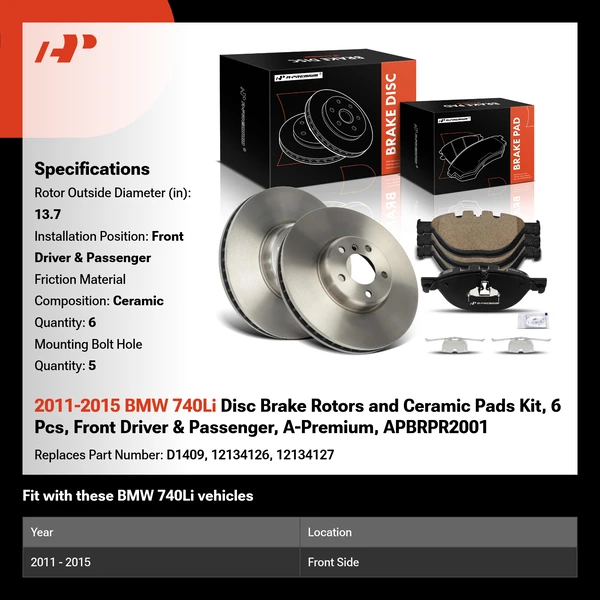 2011-2015 BMW 740Li Disc Brake Rotors and Ceramic Pads Kit, 6 Pcs, Front Driver & Passenger, A-Premium, APBRPR2001