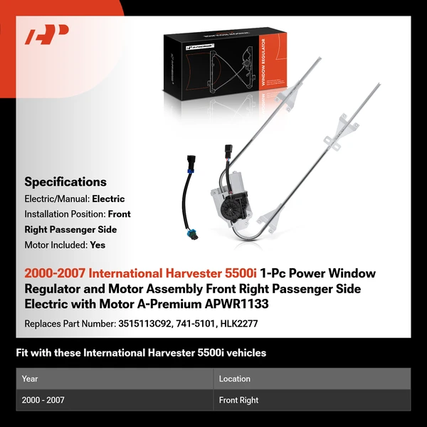 2000-2007 International Harvester 5500i 1-Pc Power Window Regulator and Motor Assembly Front Right Passenger Side Electric with Motor A-Premium APWR1133