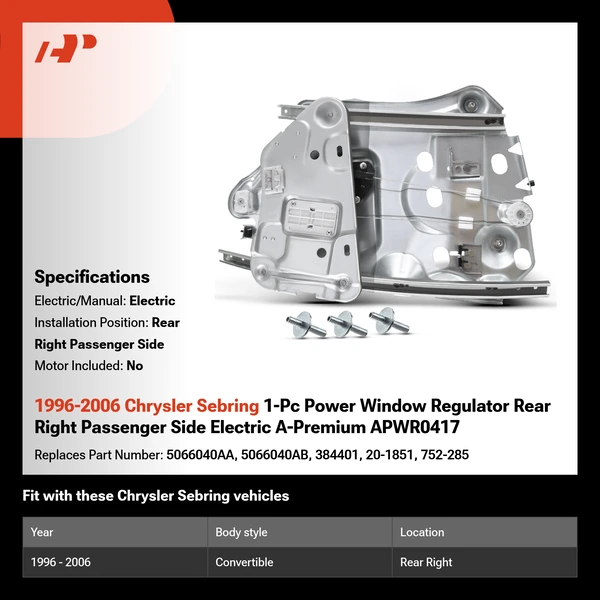 1996-2006 Chrysler Sebring 1-Pc Power Window Regulator Rear Right Passenger Side Electric A-Premium APWR0417