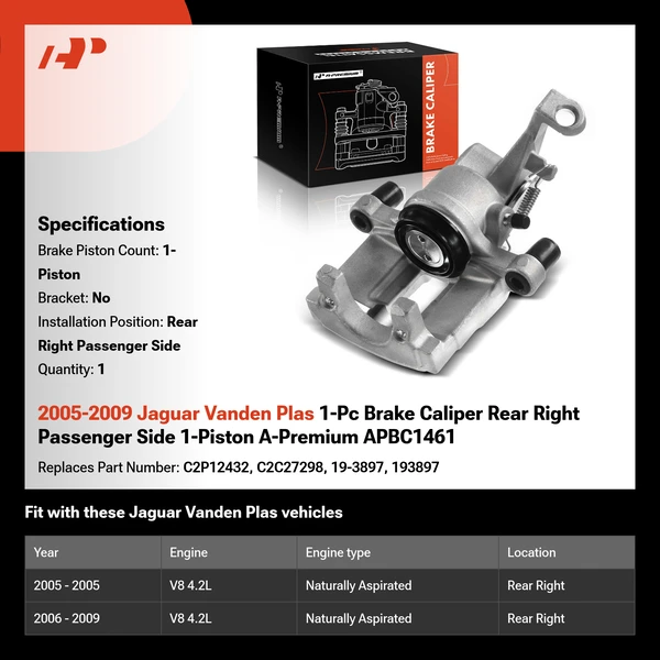 2005-2009 Jaguar Vanden Plas 1-Pc Brake Caliper Rear Right Passenger Side 1-Piston A-Premium APBC1461