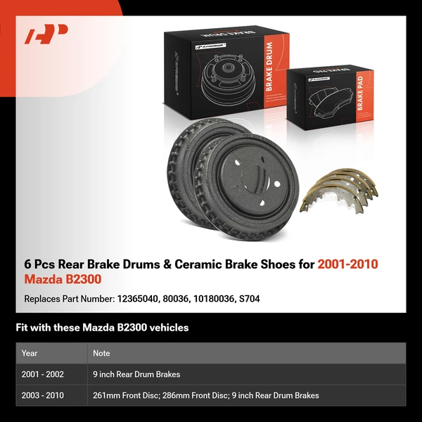 6 Pcs Rear Brake Drums & Ceramic Brake Shoes for 2001-2010 Mazda B2300