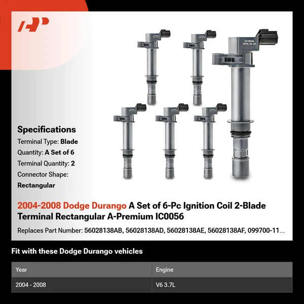 2004-2008 Dodge Durango A Set of 6-Pc Ignition Coil 2-Blade Terminal Rectangular A-Premium IC0056