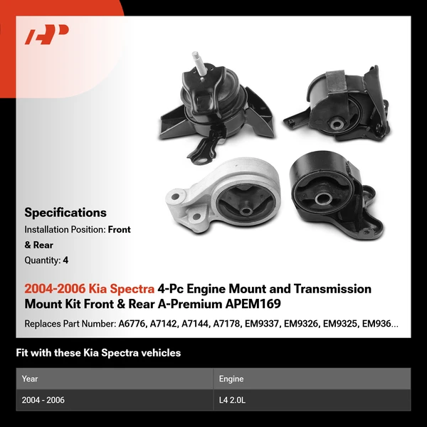 2004-2006 Kia Spectra 4-Pc Engine Mount and Transmission Mount Kit Front & Rear A-Premium APEM169