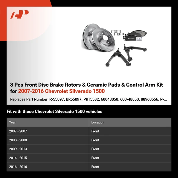 8 Pcs Front Disc Brake Rotors & Ceramic Pads & Control Arm Kit for 2007-2016 Chevrolet Silverado 1500
