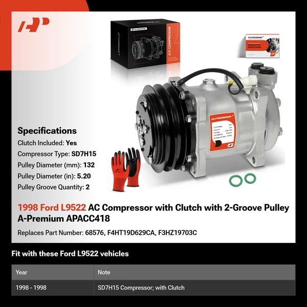 1998 Ford L9522 AC Compressor with Clutch with 2-Groove Pulley A-Premium APACC418
