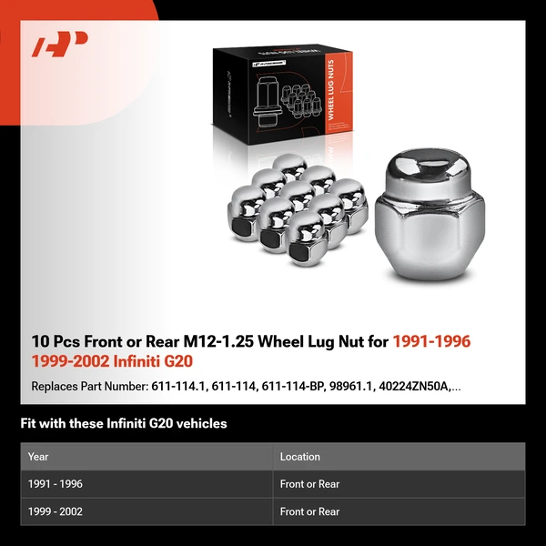 10 Pcs Front or Rear M12-1.25 Wheel Lug Nut for 1991-1996 1999-2002 Infiniti G20
