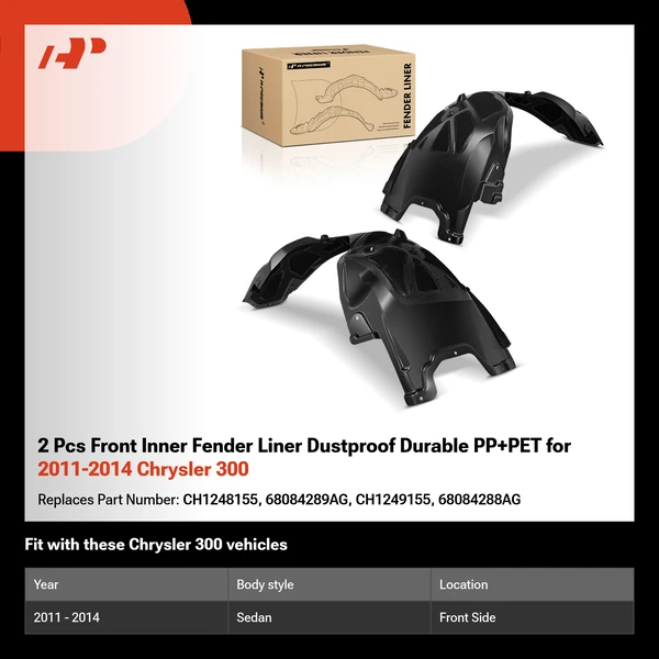 2 Pcs Front Inner Fender Liner Dustproof Durable PP+PET for 2011-2014 Chrysler 300