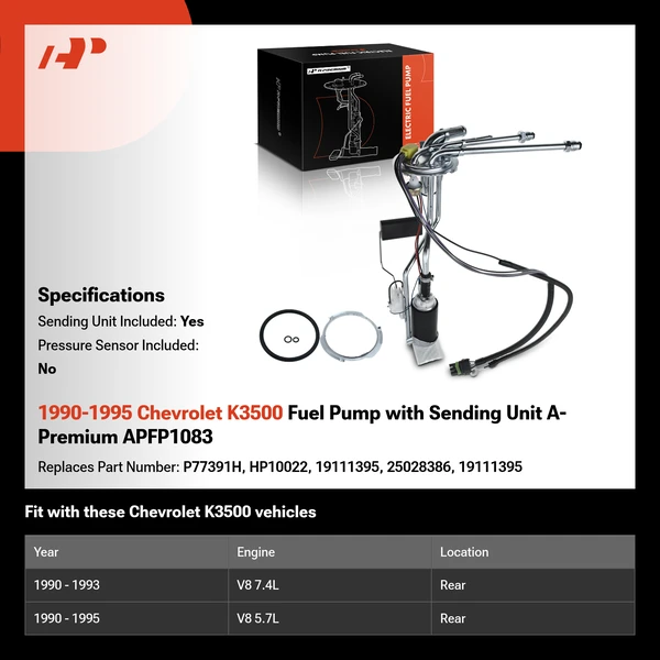 1990-1995 Chevrolet K3500 Fuel Pump with Sending Unit A-Premium APFP1083