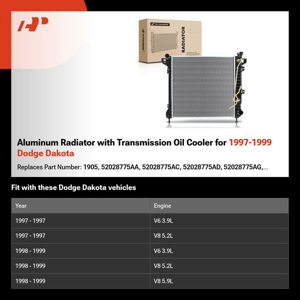 Aluminum Radiator with Transmission Oil Cooler for 1997-1999 Dodge Dakota