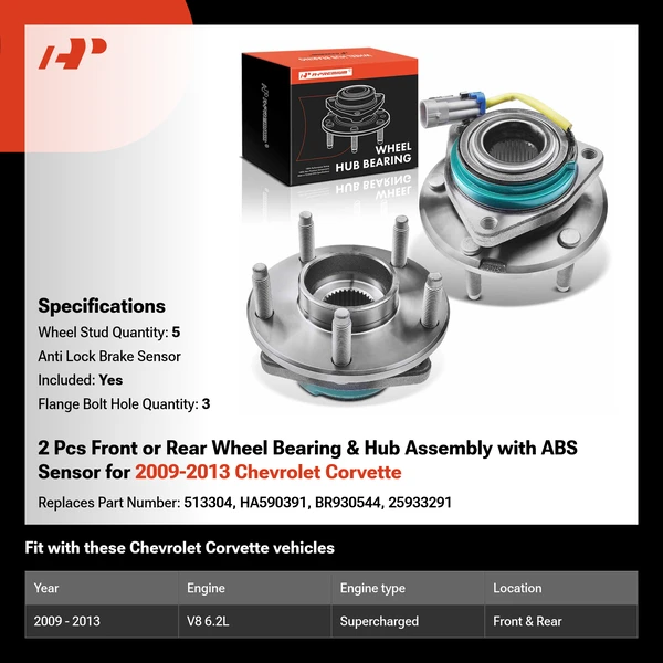 2 Pcs Front or Rear Wheel Bearing & Hub Assembly with ABS Sensor for 2009-2013 Chevrolet Corvette