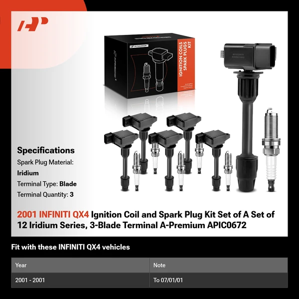 2001 INFINITI QX4 Ignition Coil and Spark Plug Kit Set of A Set of 12 Iridium Series, 3-Blade Terminal A-Premium APIC0672