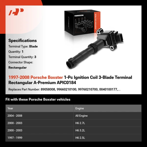 1997-2008 Porsche Boxster 1-Pc Ignition Coil 3-Blade Terminal Rectangular A-Premium APIC0184