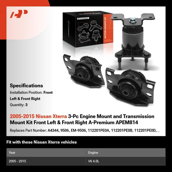 2005-2015 Nissan Xterra 3-Pc Engine Mount and Transmission Mount Kit Front Left & Front Right A-Premium APEM814