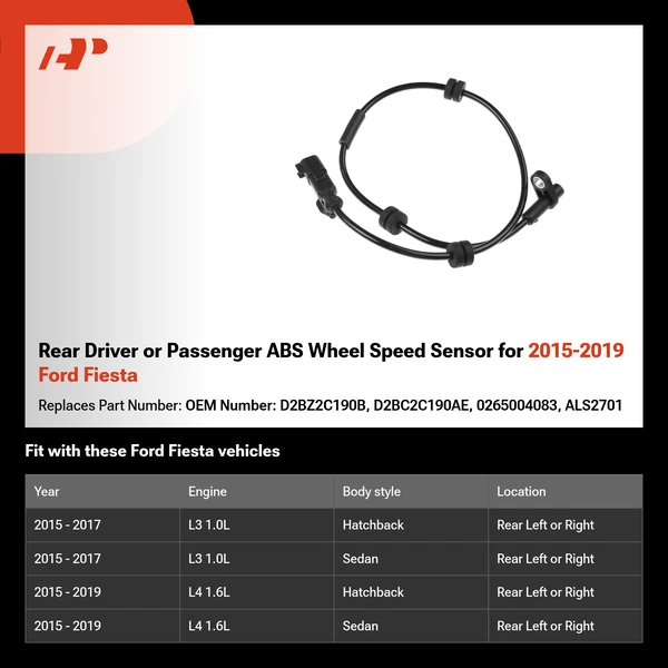 Rear Driver or Passenger ABS Wheel Speed Sensor for 2015-2019 Ford Fiesta
