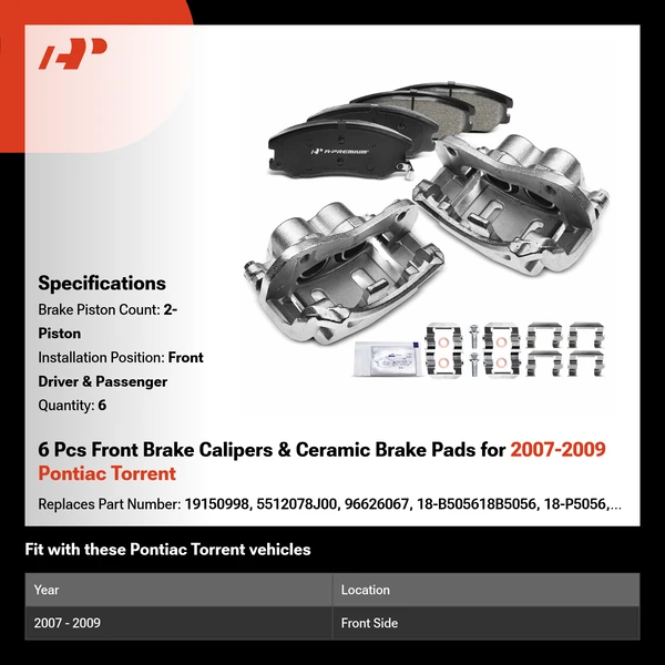 6 Pcs Front Brake Calipers & Ceramic Brake Pads for 2007-2009 Pontiac Torrent