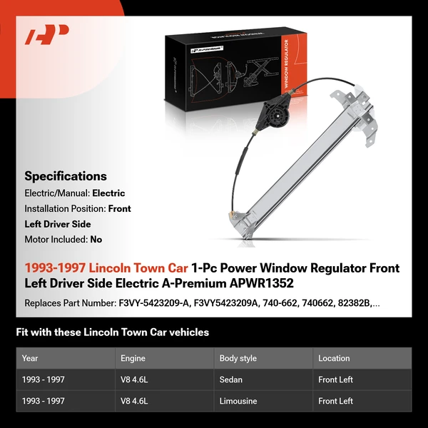 1993-1997 Lincoln Town Car 1-Pc Power Window Regulator Front Left Driver Side Electric A-Premium APWR1352