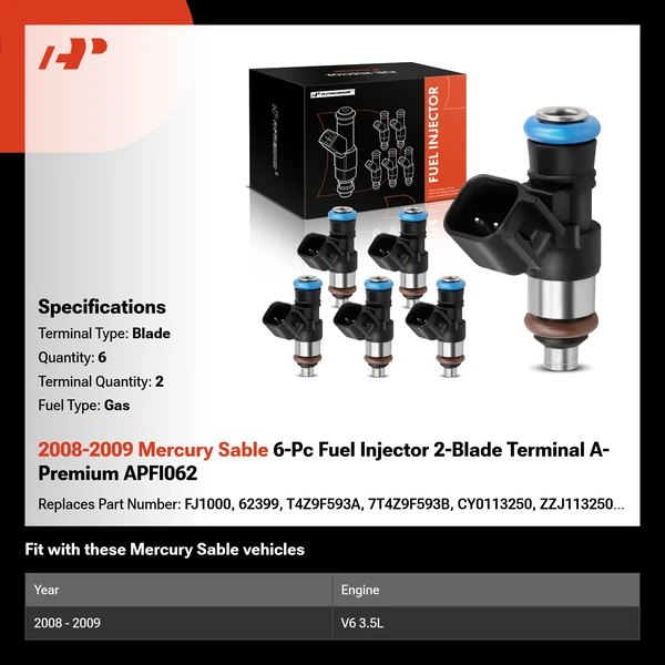 2008-2009 Mercury Sable 6-Pc Fuel Injector 2-Blade Terminal A-Premium APFI062