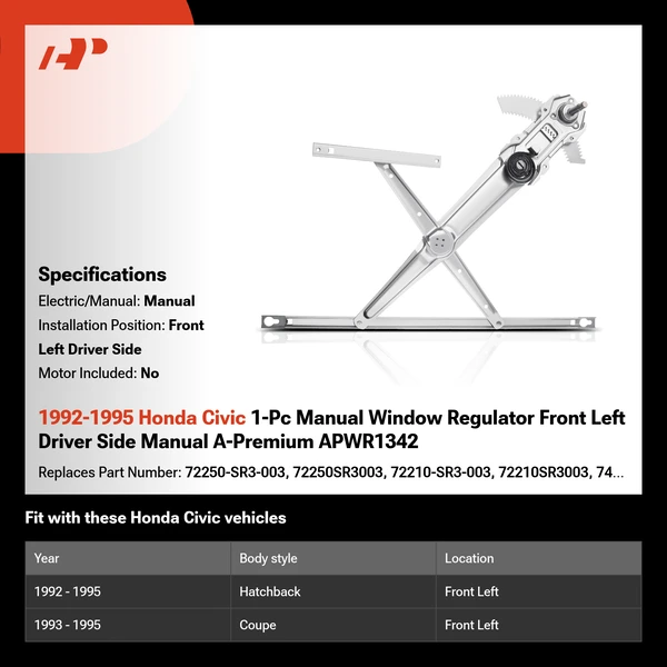 1992-1995 Honda Civic 1-Pc Manual Window Regulator Front Left Driver Side Manual A-Premium APWR1342