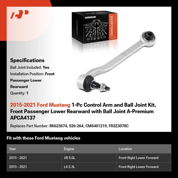 2015-2021 Ford Mustang 1-Pc Control Arm and Ball Joint Kit, Front Passenger Lower Rearward with Ball Joint A-Premium APCA4137