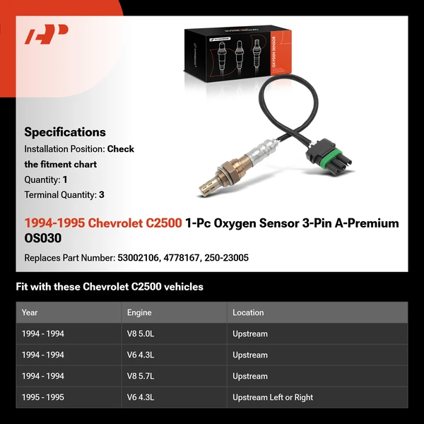 1994-1995 Chevrolet C2500 1-Pc Oxygen Sensor 3-Pin A-Premium OS030